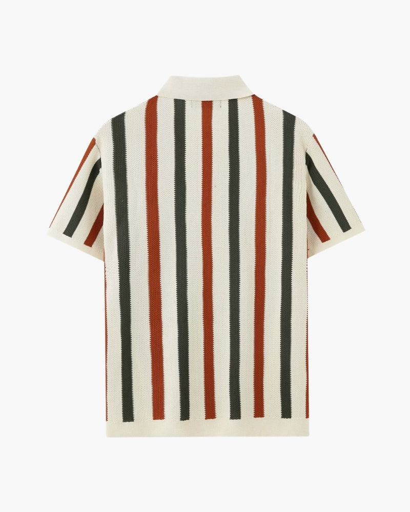 Men's Vertical Stripe Knit Polo with Open Camp Collar