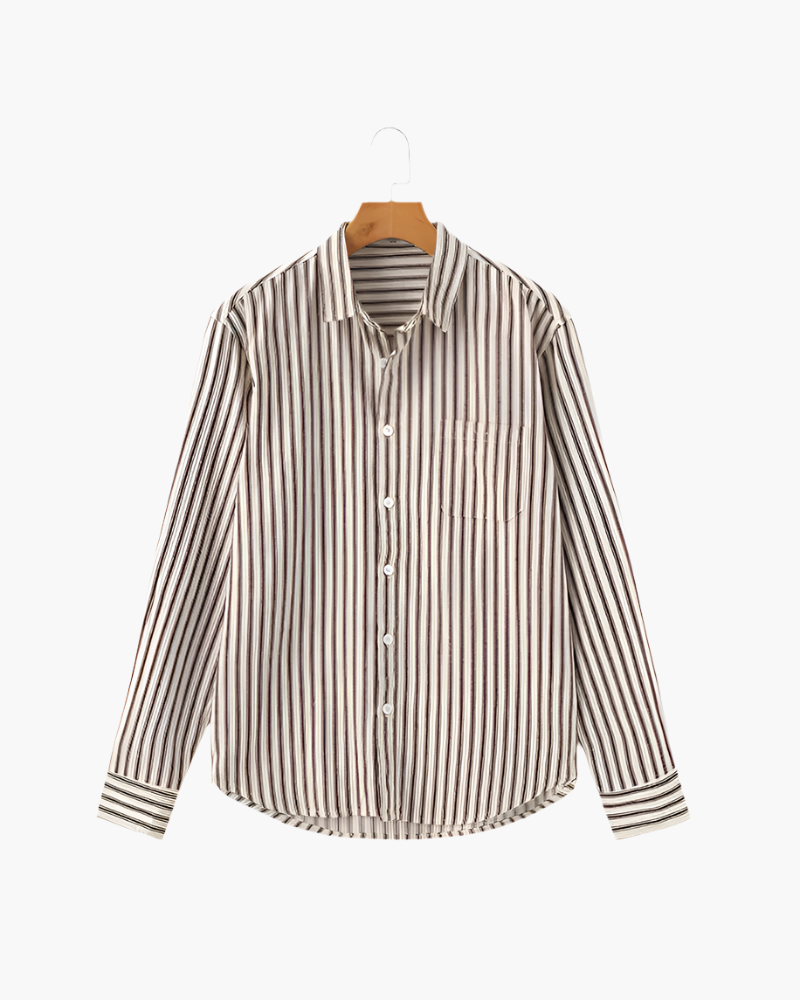Men's Vertical Stripe Long Sleeve Shirt with Structured Collar - Brown