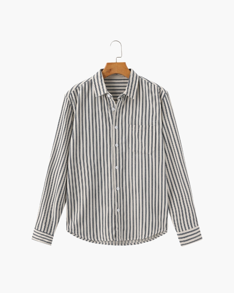 Men's Vertical Stripe Long Sleeve Shirt with Structured Collar - Blue