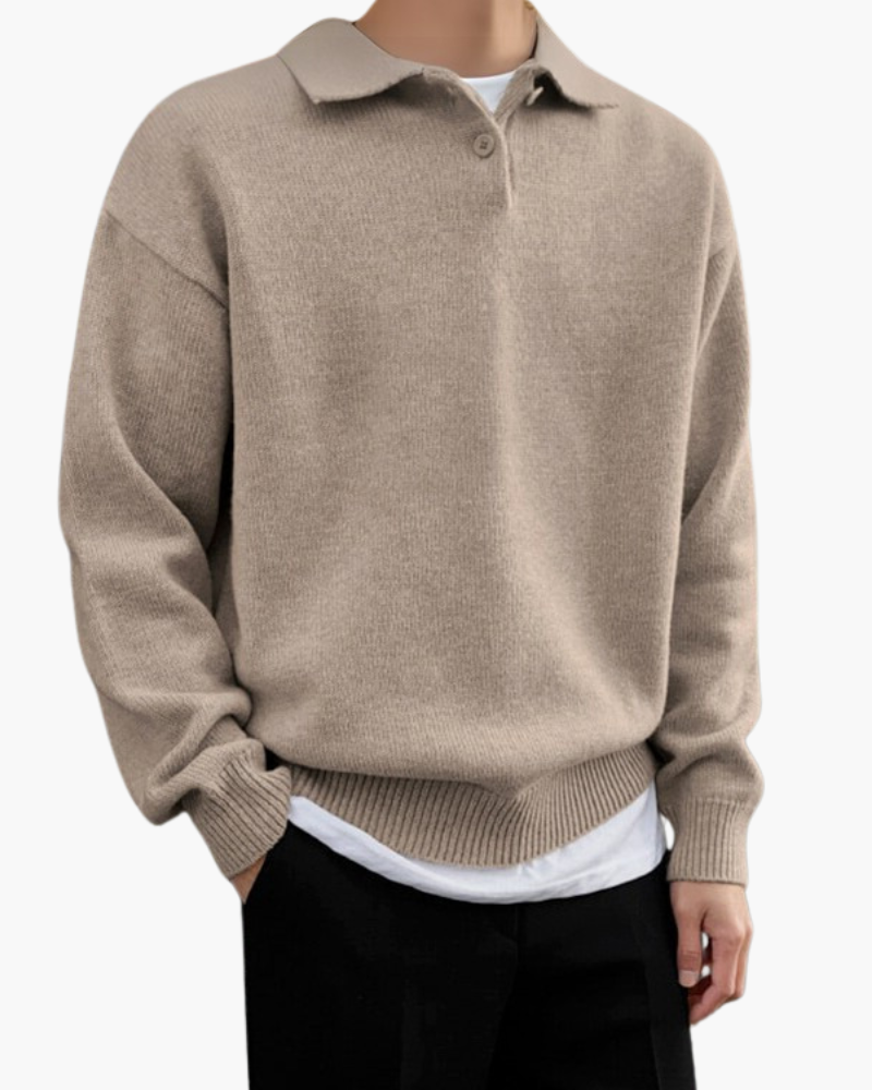 Men's Wool Half-Zip Sweater with Button Collar - Beige