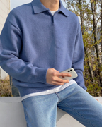 Men's Wool Half-Zip Sweater with Button Collar - Blue