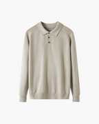 Men's Wool Knit Polo with Open Collar and Tailored Cut - Beige