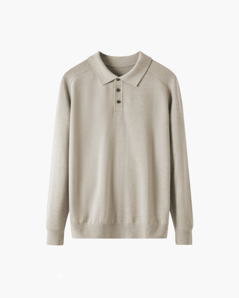 Men's Wool Knit Polo with Open Collar and Tailored Cut - Beige