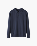 Men's Wool Knit Polo with Open Collar and Tailored Cut - Navy