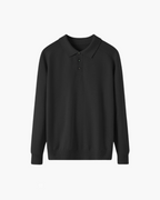 Men's Wool Knit Polo with Open Collar and Tailored Cut - Black