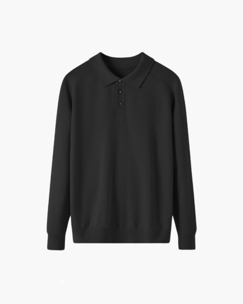 Men's Wool Knit Polo with Open Collar and Tailored Cut - Black