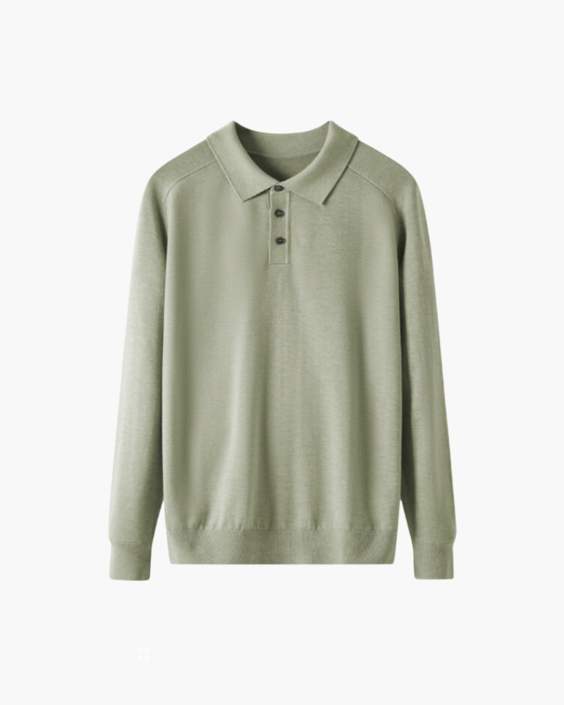 Men's Wool Knit Polo with Open Collar and Tailored Cut - Green