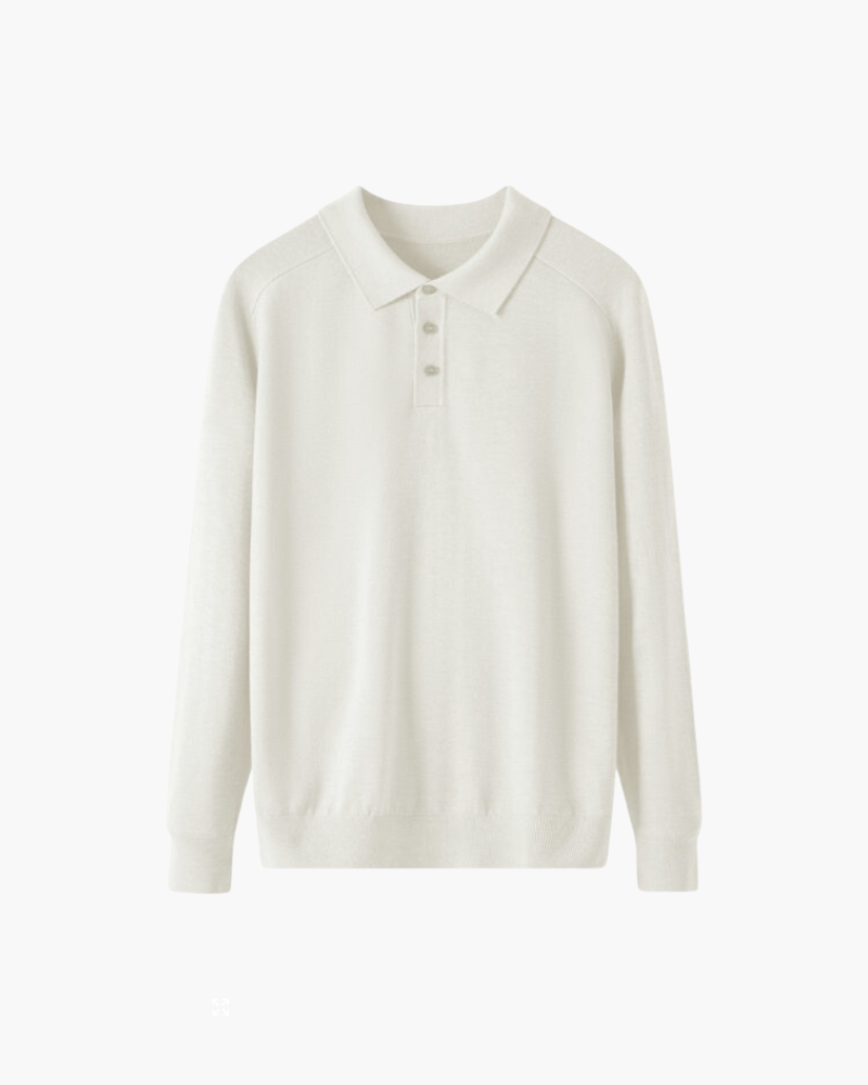 Men's Wool Knit Polo with Open Collar and Tailored Cut - White