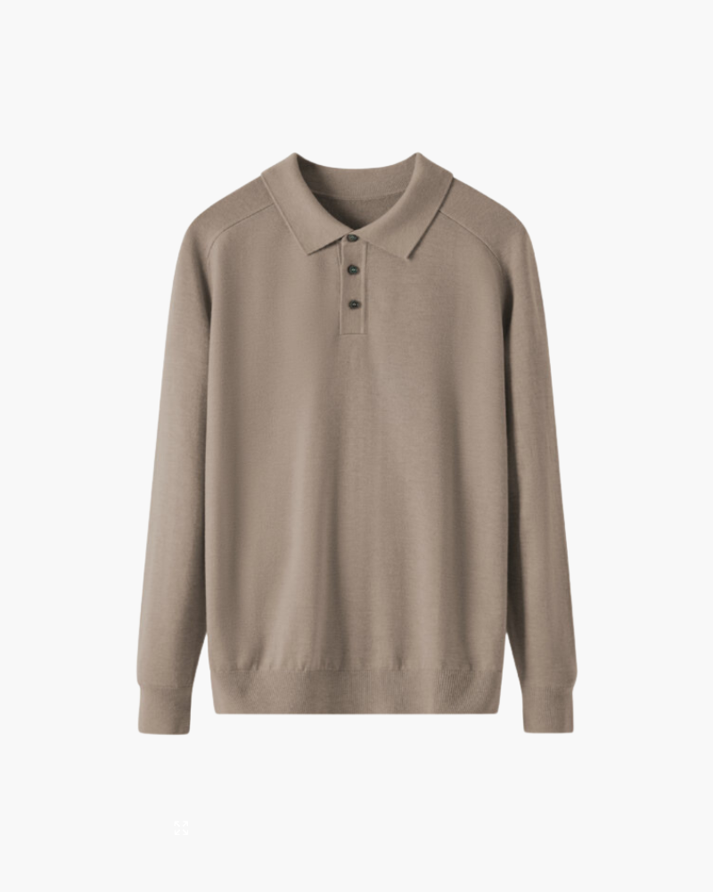 Men's Wool Knit Polo with Open Collar and Tailored Cut - Brown