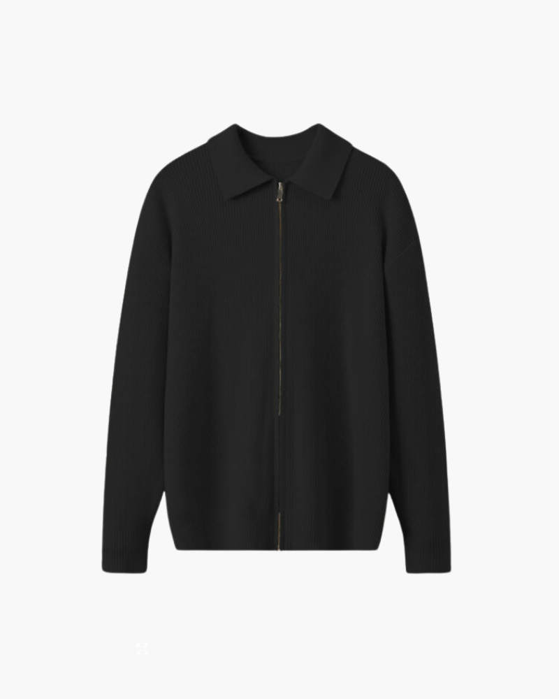 Men's Wool Zip Sweater with Structured Collar - Black