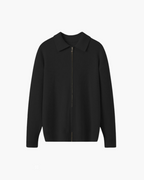 Men's Wool Zip Sweater with Structured Collar - Black
