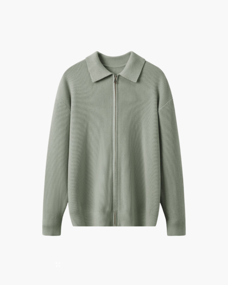 Men's Wool Zip Sweater with Structured Collar - Green