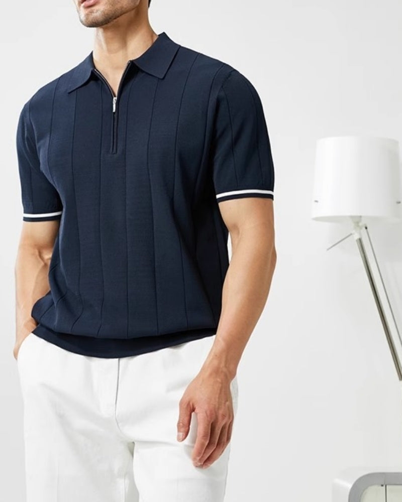 Men's Zip Placket Polo with Contrast Tipped Sleeves