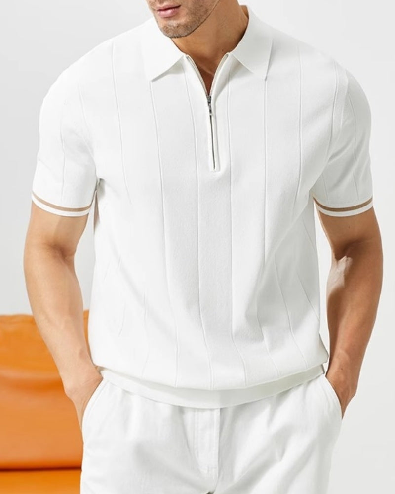 Men's Zip Placket Polo with Contrast Tipped Sleeves