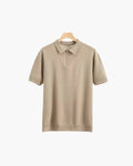 Men's Zip-Up Polo with Mesh Texture and Ribbed Trims - Beige