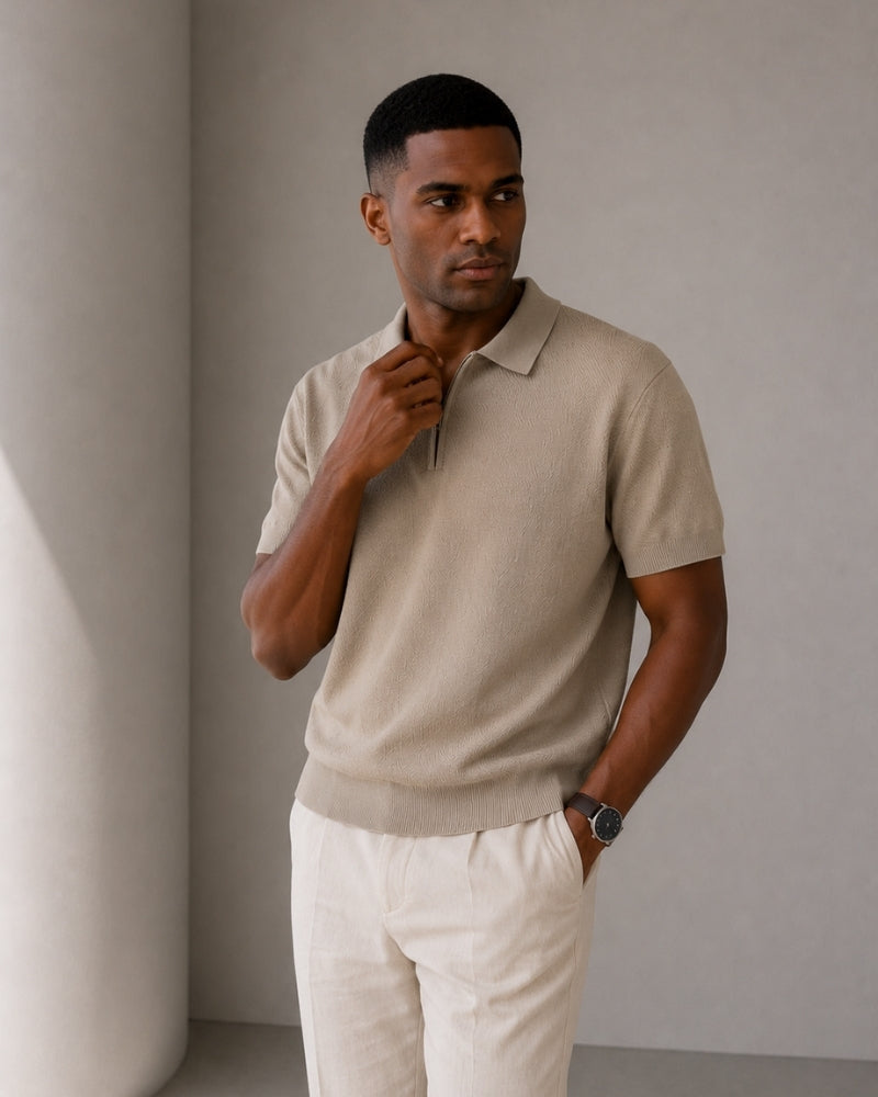 Men's Zip-Up Polo with Mesh Texture and Ribbed Trims