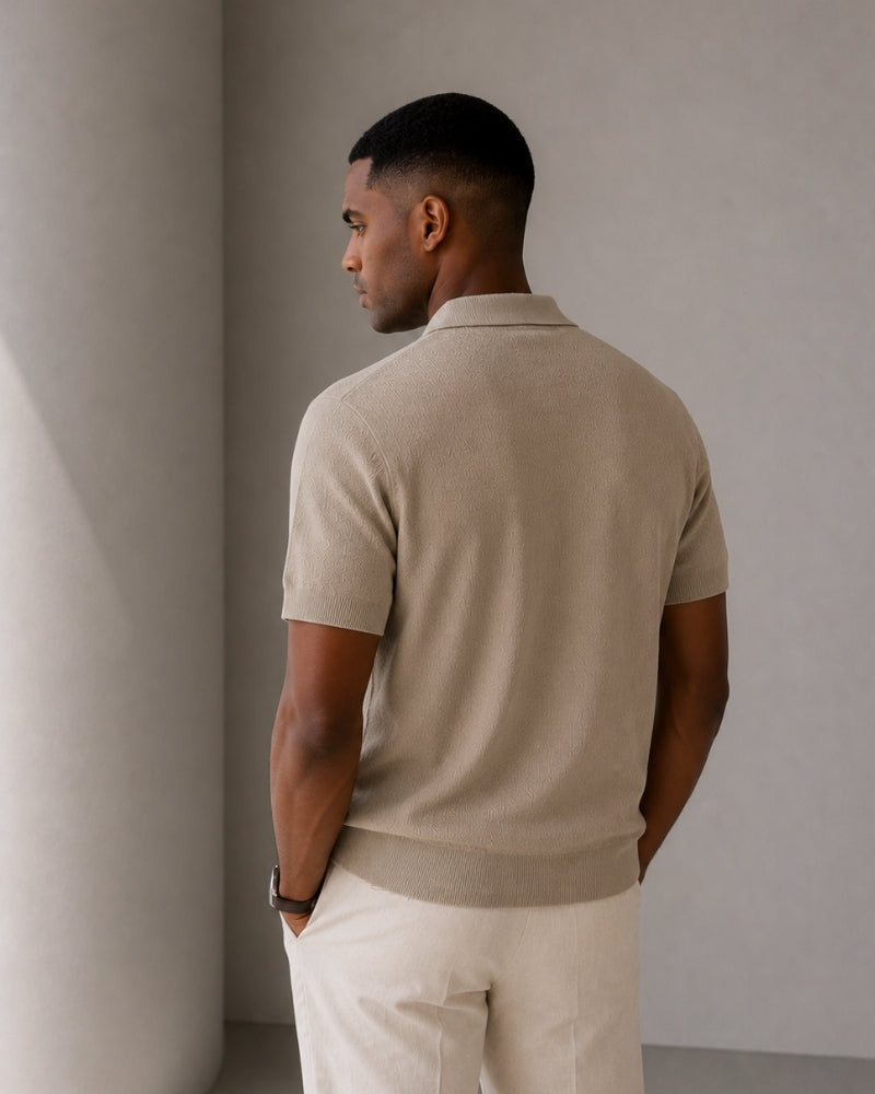 Men's Zip-Up Polo with Mesh Texture and Ribbed Trims