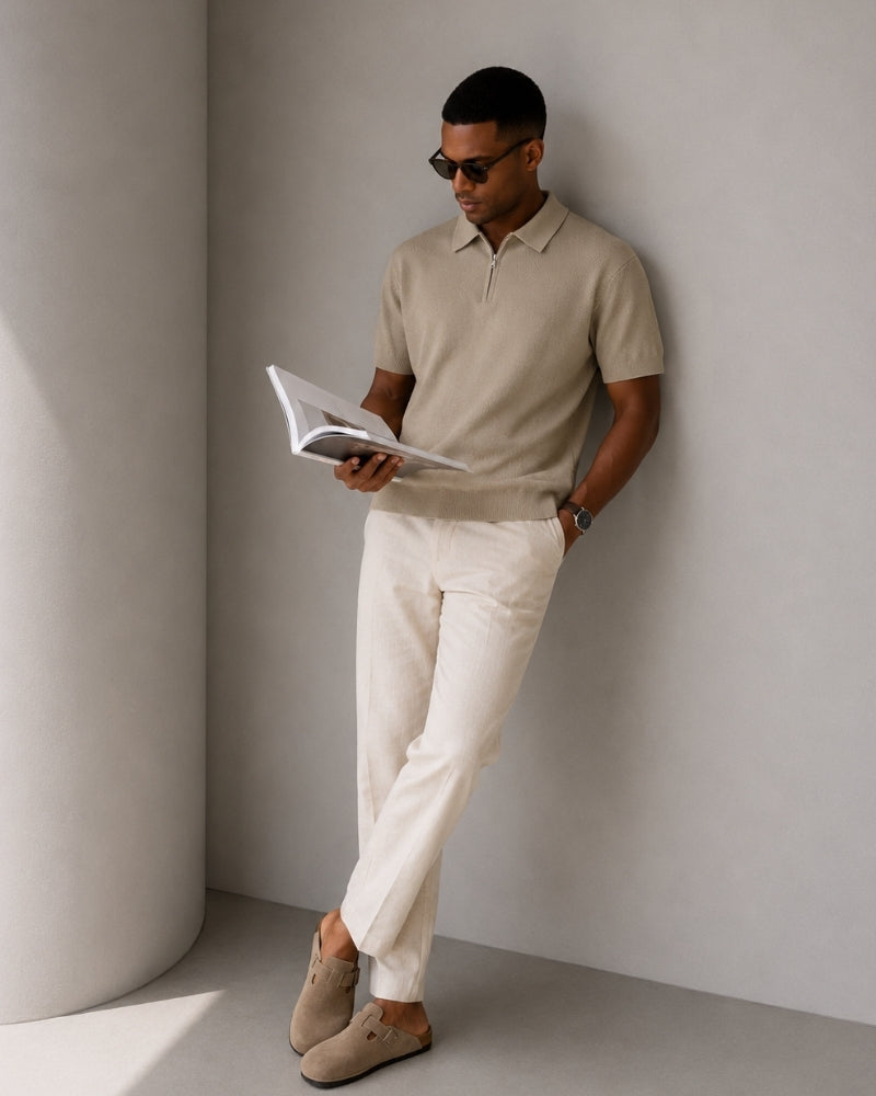 Men's Zip-Up Polo with Mesh Texture and Ribbed Trims
