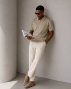 Men's Zip-Up Polo with Mesh Texture and Ribbed Trims