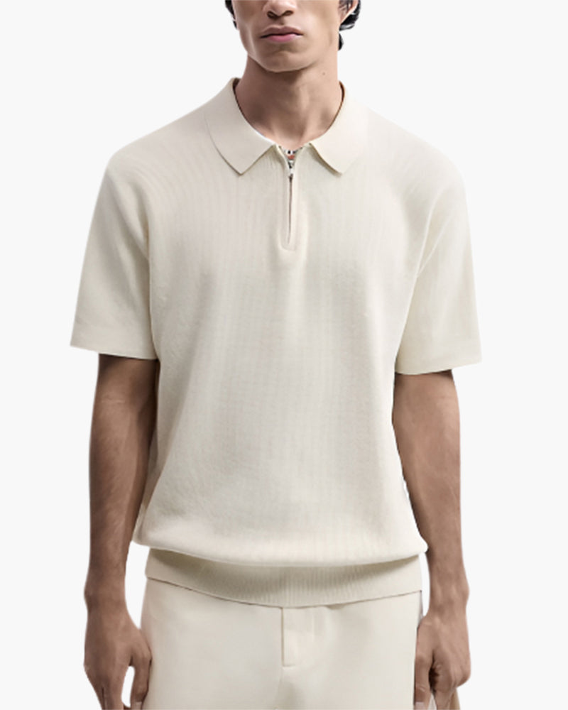 Men's Zip-Up Polo with Mesh Texture and Ribbed Trims