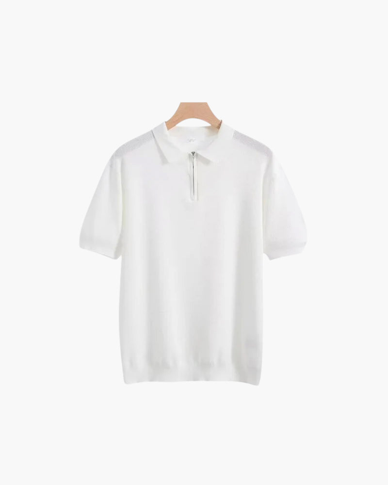 Men's Zip-Up Polo with Mesh Texture and Ribbed Trims - White
