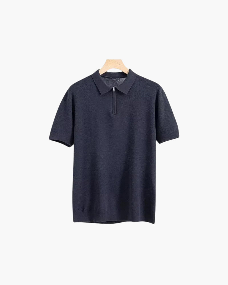 Men's Zip-Up Polo with Mesh Texture and Ribbed Trims - Navy