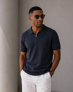 Men's Zip-Up Polo with Mesh Texture and Ribbed Trims
