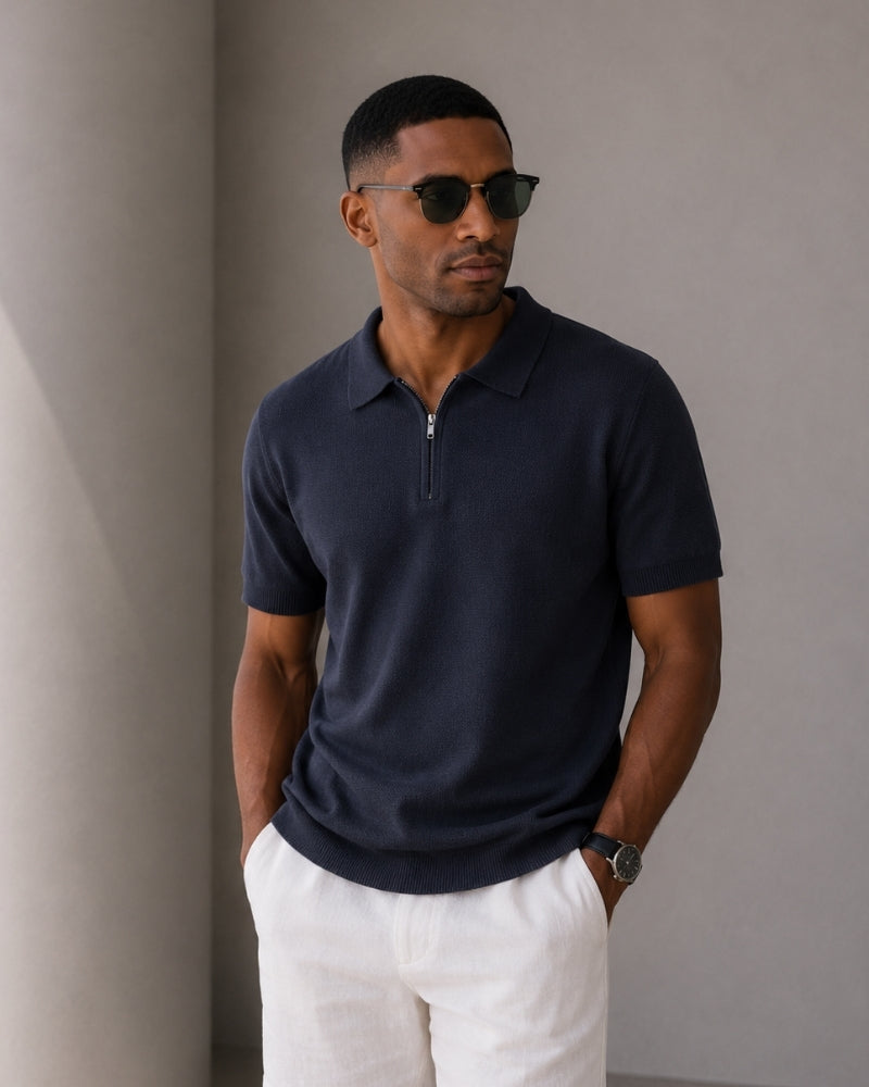 Men's Zip-Up Polo with Mesh Texture and Ribbed Trims