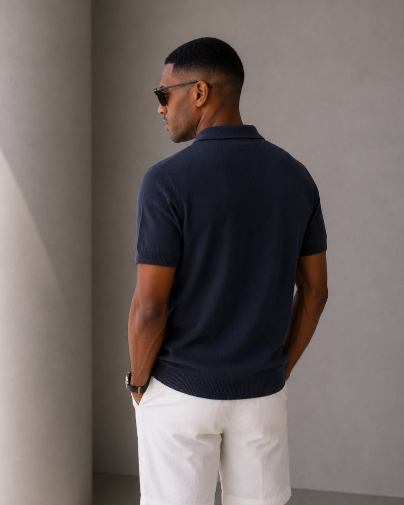 Men's Zip-Up Polo with Mesh Texture and Ribbed Trims