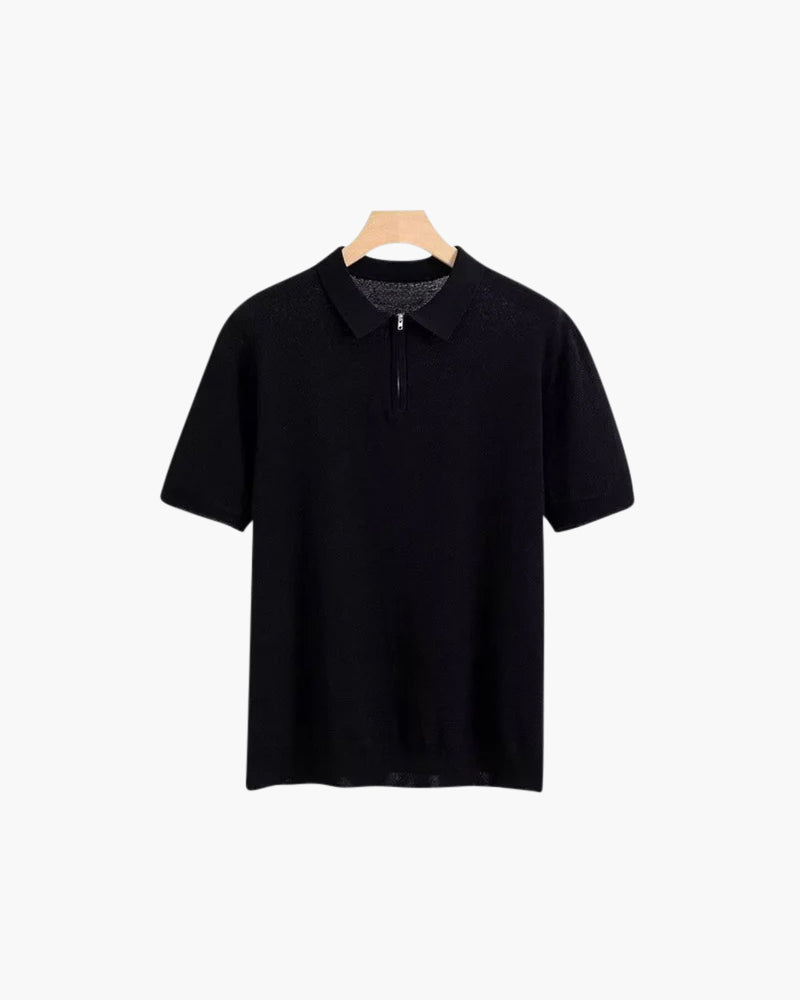 Men's Zip-Up Polo with Mesh Texture and Ribbed Trims - Black