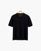 Men's Zip-Up Polo with Mesh Texture and Ribbed Trims - Black