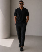 Men's Zip-Up Polo with Mesh Texture and Ribbed Trims
