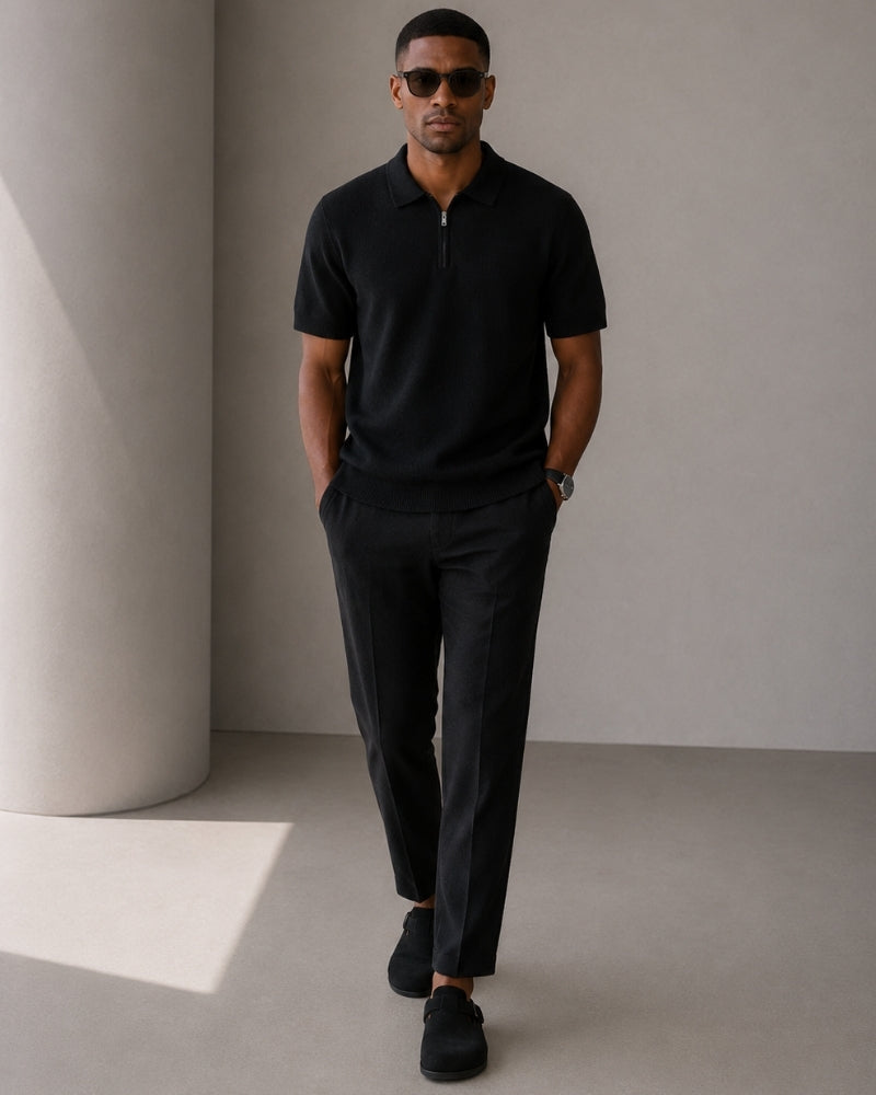 Men's Zip-Up Polo with Mesh Texture and Ribbed Trims