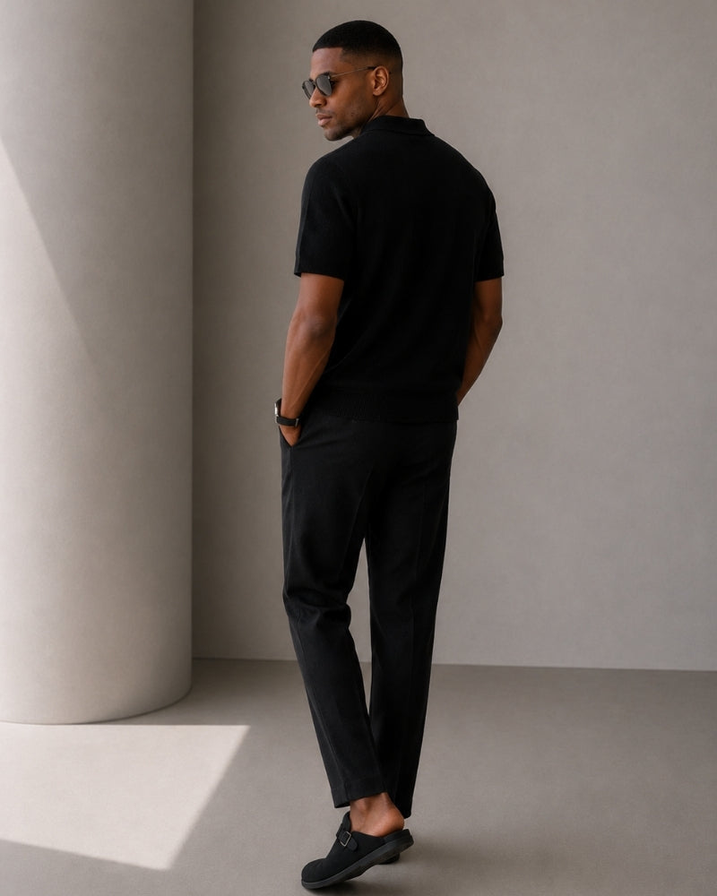 Men's Zip-Up Polo with Mesh Texture and Ribbed Trims
