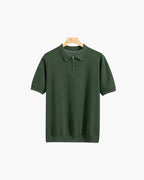 Men's Zip-Up Polo with Mesh Texture and Ribbed Trims - Dark Green