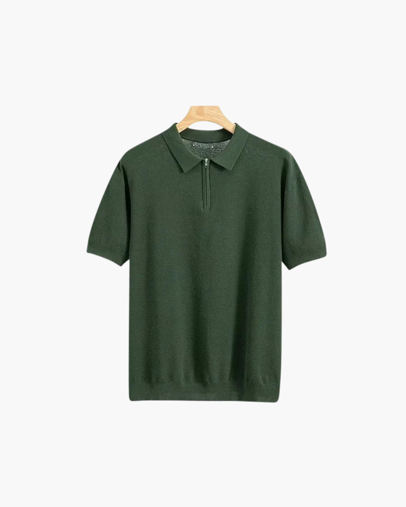 Men's Zip-Up Polo with Mesh Texture and Ribbed Trims - Dark Green