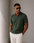 Men's Zip-Up Polo with Mesh Texture and Ribbed Trims