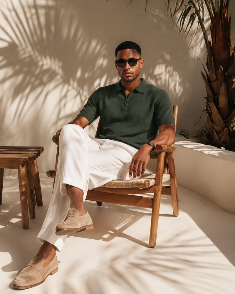 Men's Zip-Up Polo with Mesh Texture and Ribbed Trims