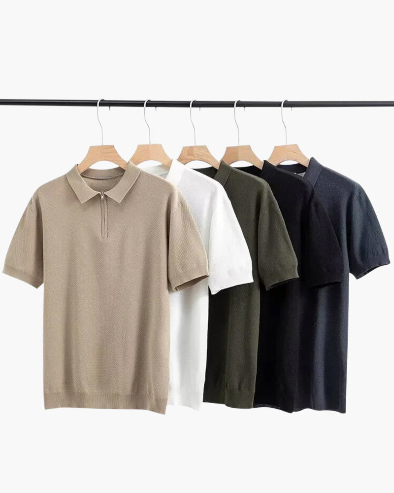 Men's Zip-Up Polo with Mesh Texture and Ribbed Trims