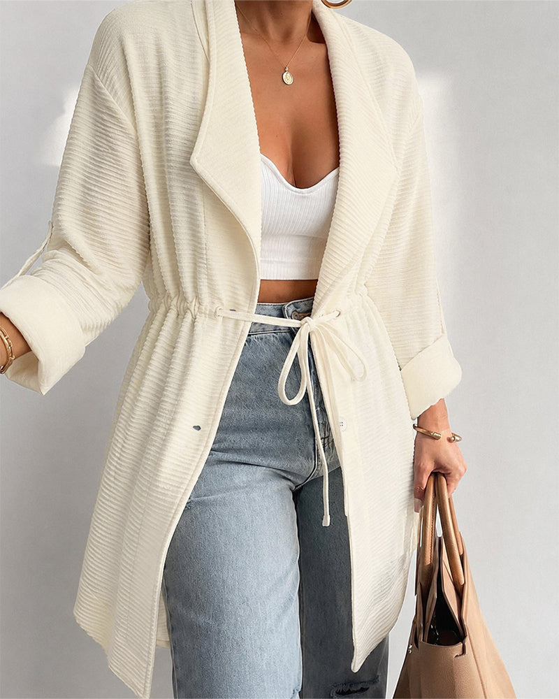Mid-Length Lapel Coat with Drawstring Waist and Buttons - Apricot
