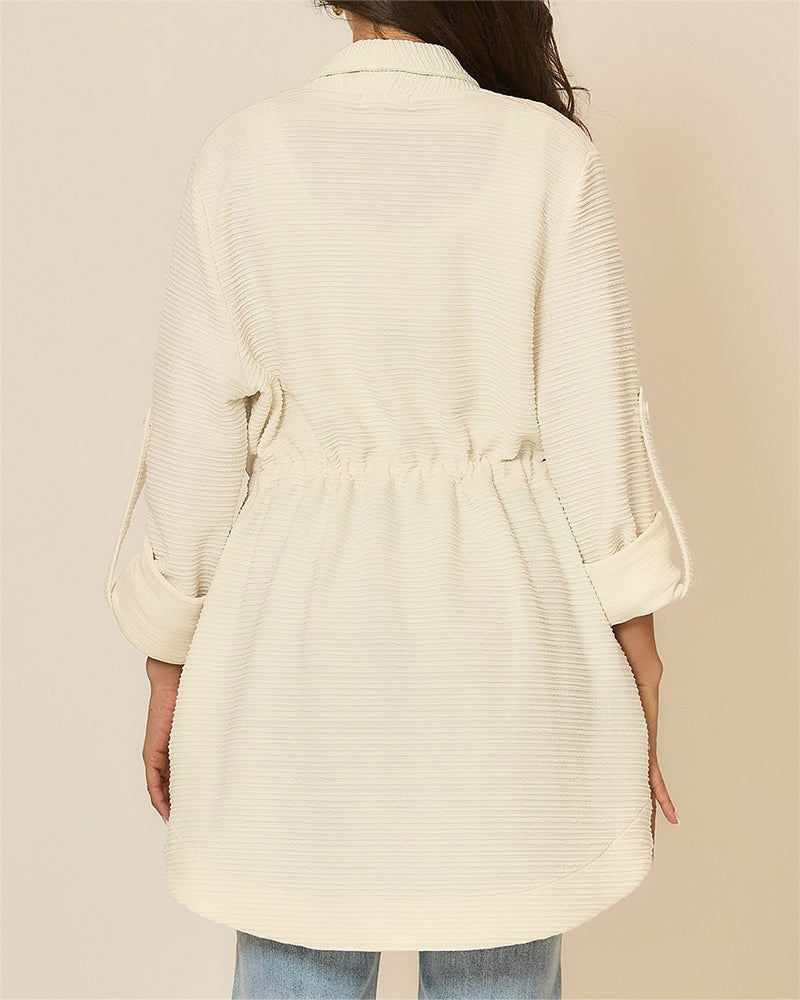 Mid-Length Lapel Coat with Drawstring Waist and Buttons - Apricot