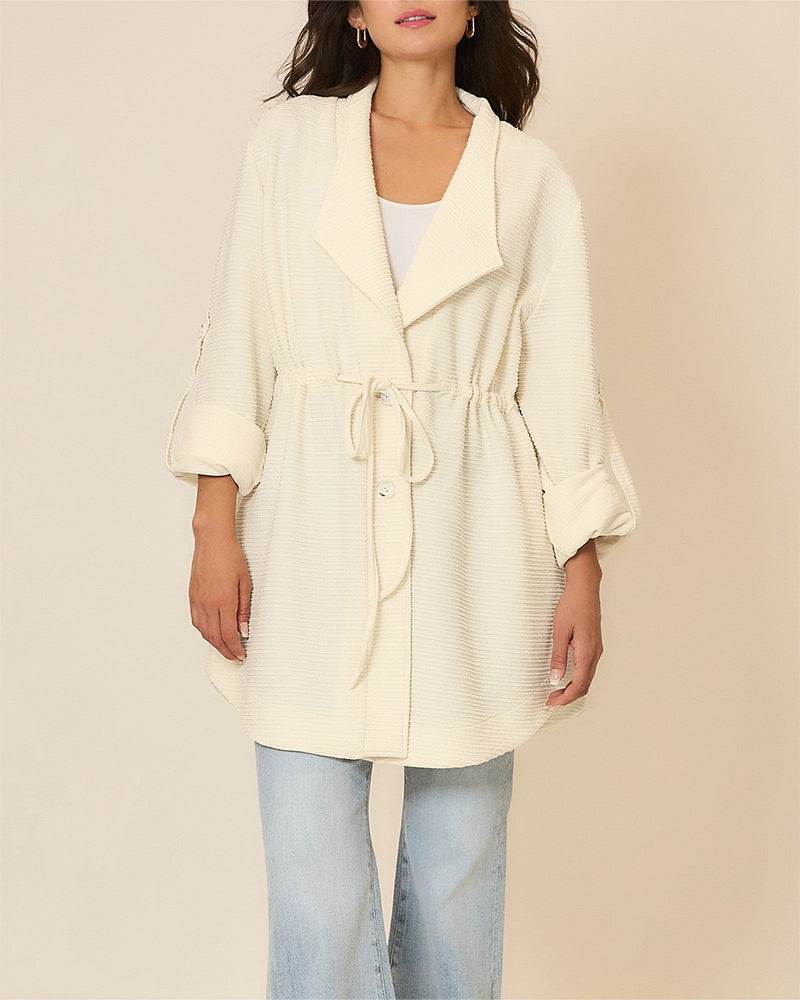 Mid-Length Lapel Coat with Drawstring Waist and Buttons - Apricot