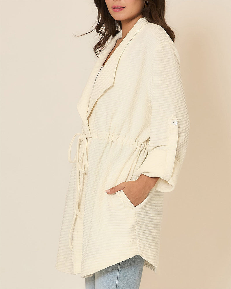 Mid-Length Lapel Coat with Drawstring Waist and Buttons - Apricot