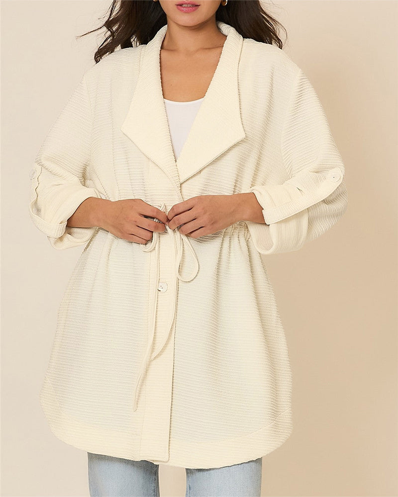 Mid-Length Lapel Coat with Drawstring Waist and Buttons - Apricot