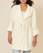 Mid-Length Lapel Coat with Drawstring Waist and Buttons - Apricot
