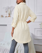 Mid-Length Lapel Coat with Drawstring Waist and Buttons - Apricot