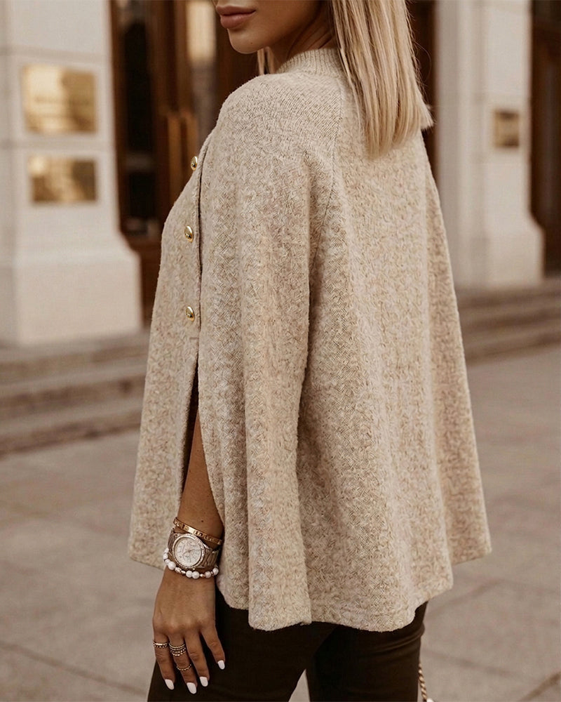 Mock-Neck Cape Sweater with Side Slits and Batwing Sleeve - Khaki