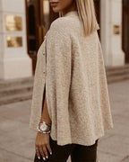Mock-Neck Cape Sweater with Side Slits and Batwing Sleeve - Khaki
