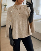 Mock-Neck Cape Sweater with Side Slits and Batwing Sleeve - Khaki