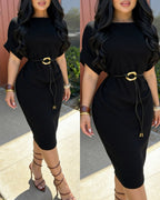 Mock-Neck Ribbed Knit Midi Dress with Slim Belt - Black